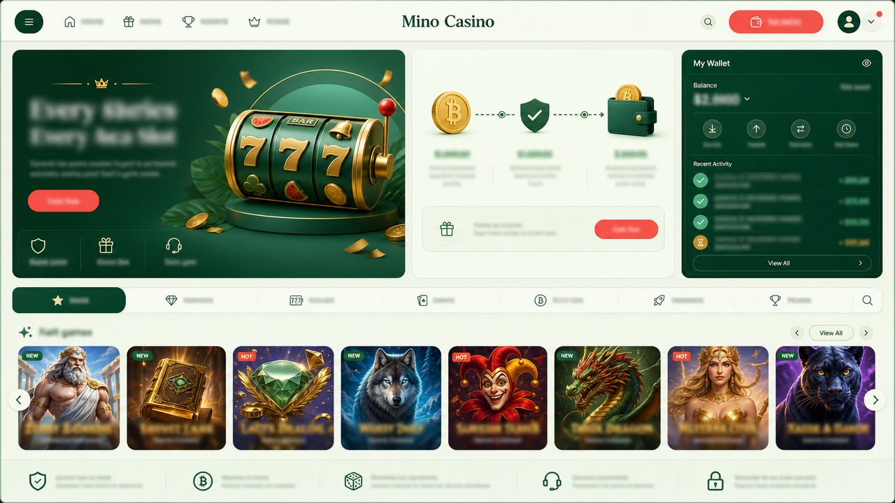 Mino Casino homepage with a Bitcoin wallet widget, category tabs and game tiles
