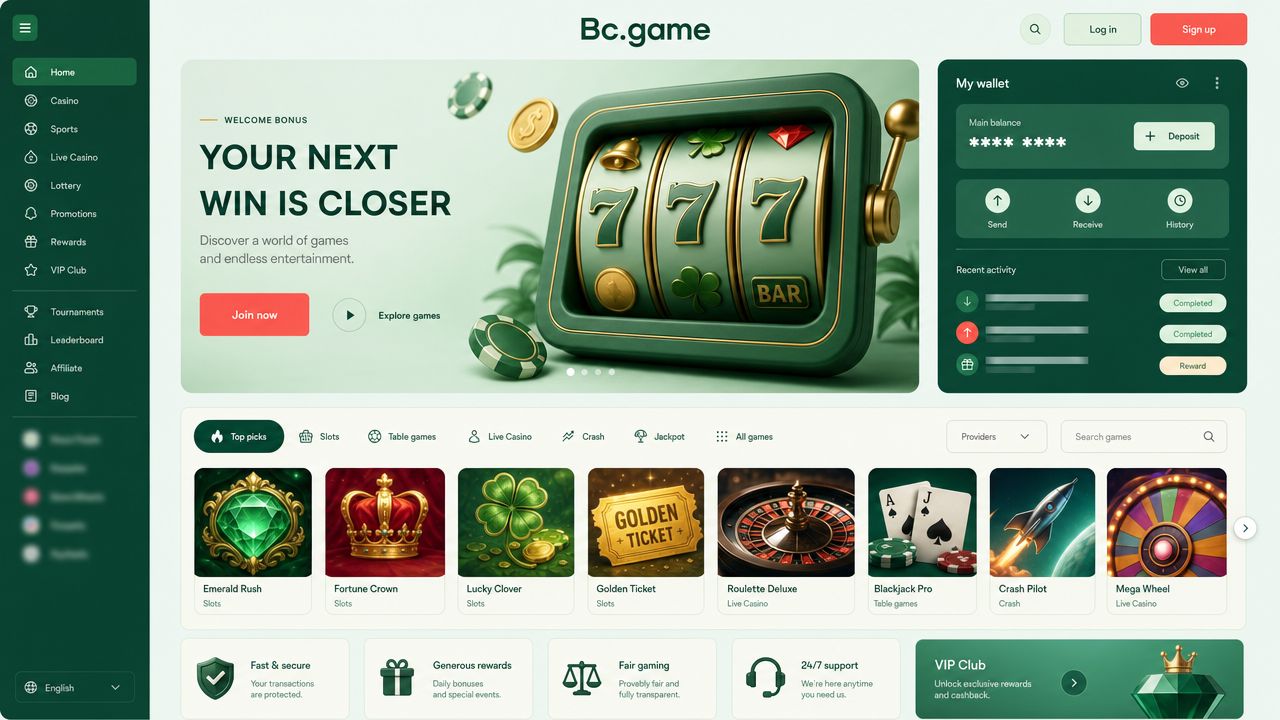 Illustrative Bc.game casino homepage with game tiles and a wallet panel