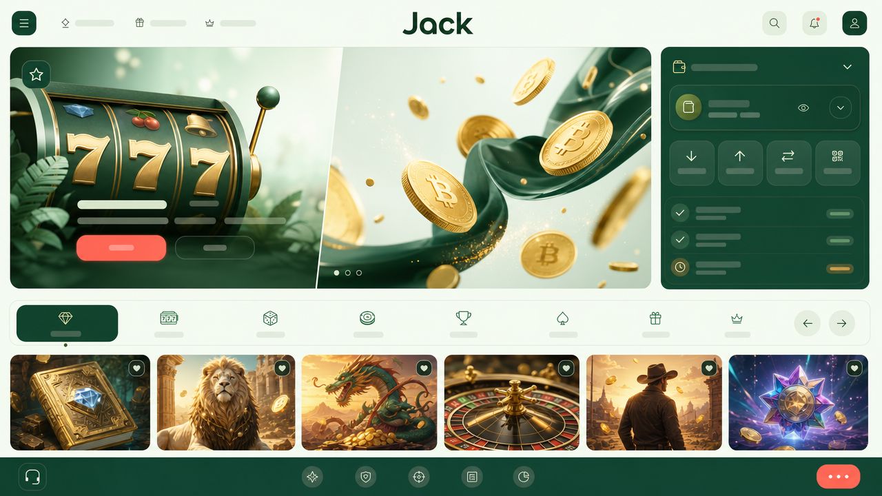 Illustrated preview of the Jack casino homepage with game tiles and a wallet panel
