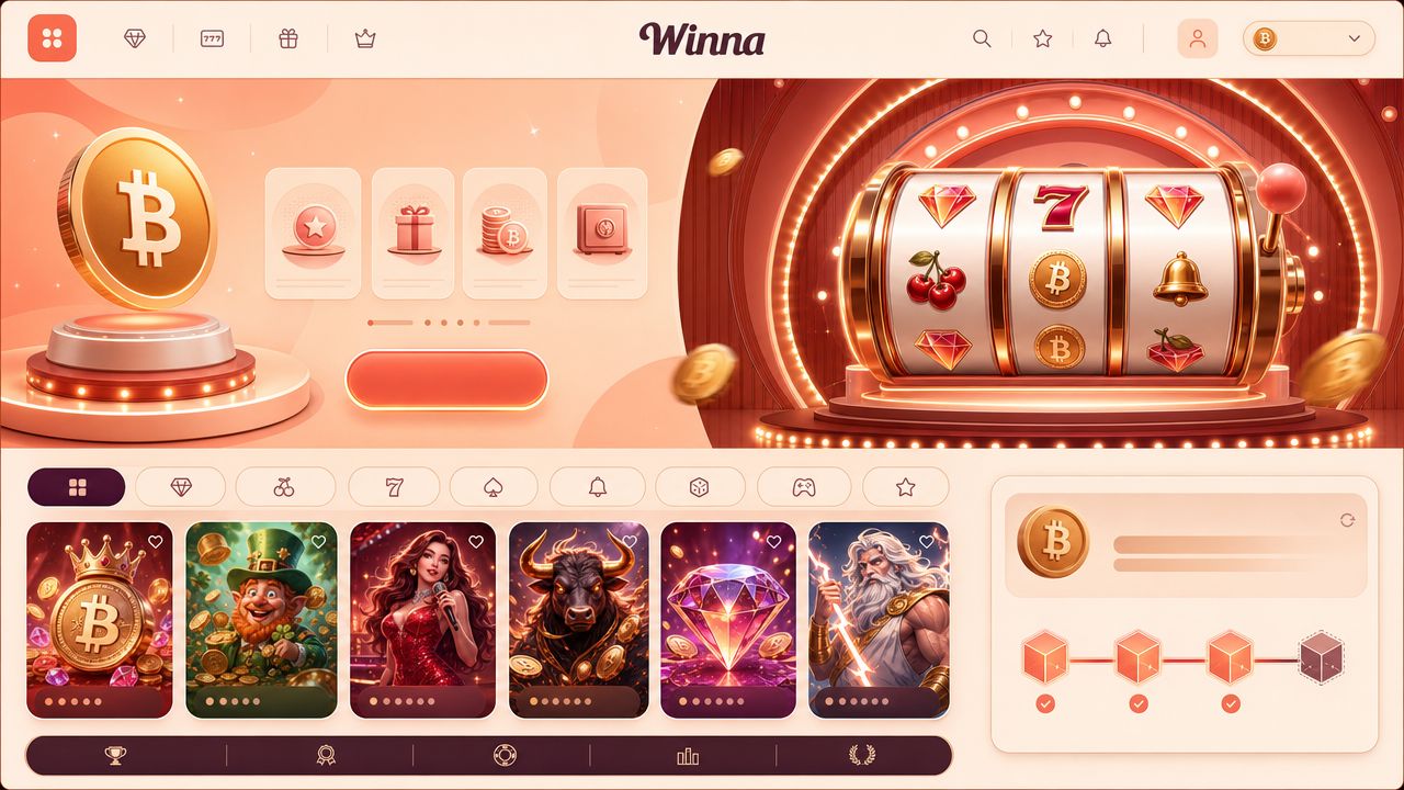 Illustrated Winna Bitcoin casino homepage with coral game tiles and a wallet widget