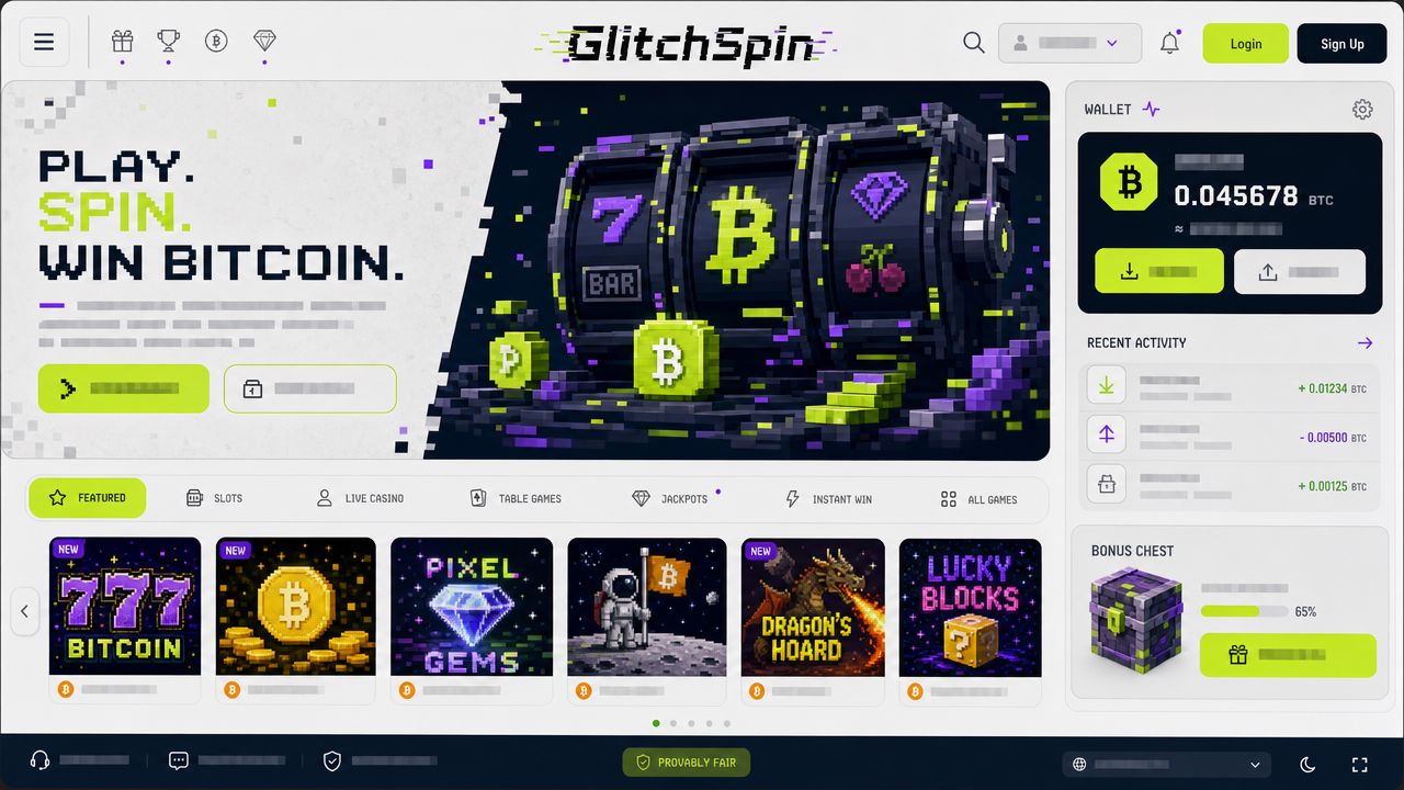 GlitchSpin Bitcoin casino homepage with lime game tiles and a wallet panel
