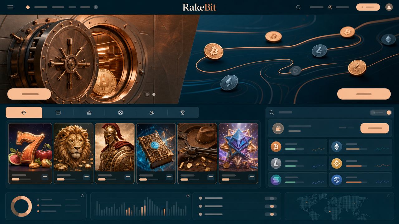 Rakebit Bitcoin casino homepage with slot tiles and a wallet widget