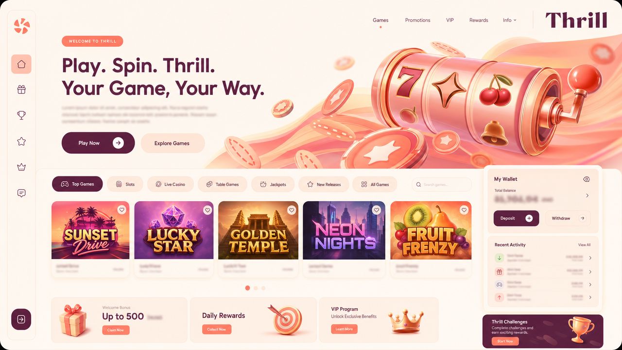 Thrill Bitcoin casino homepage with game tiles and a wallet widget