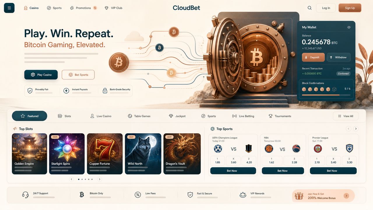 Cloudbet Bitcoin casino homepage with a wallet widget and game category tabs