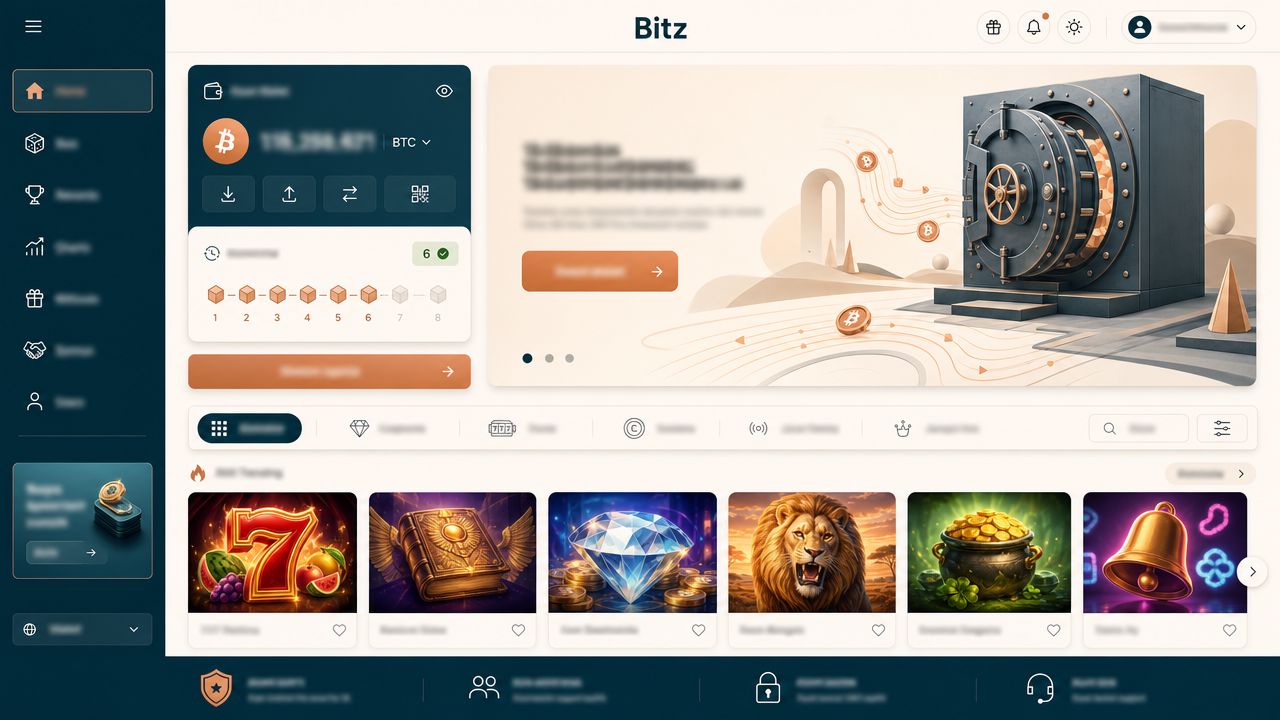 Bitz Bitcoin casino homepage with wallet widget, category tabs and slot tiles